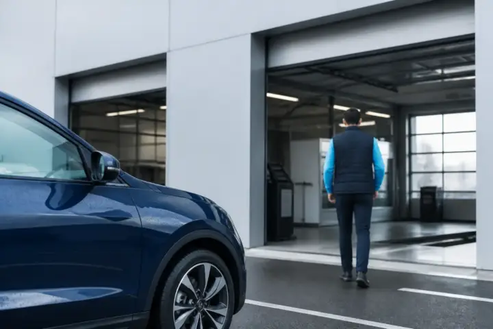 Voiture garée devant un centre de contrôle technique