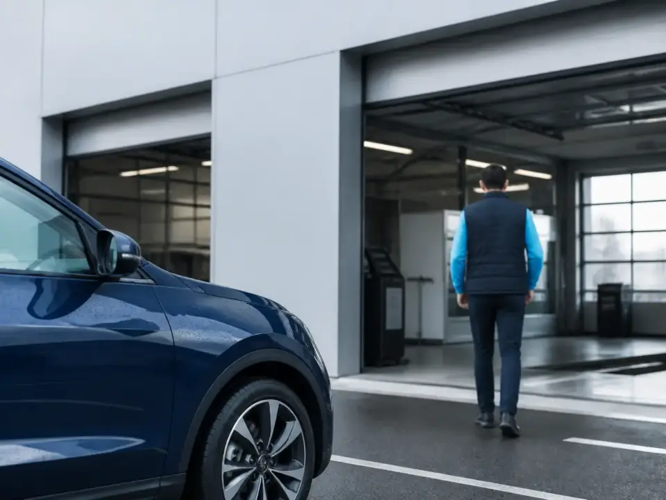 Voiture garée devant un centre de contrôle technique