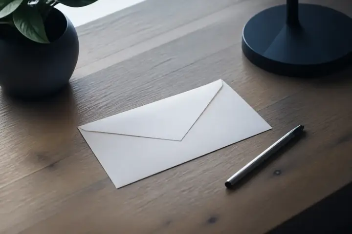 Enveloppe et stylo posés sur un bureau pour une lettre de résiliation