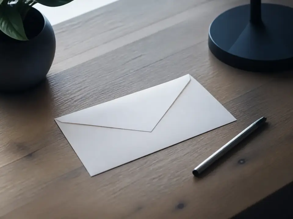Enveloppe et stylo posés sur un bureau pour une lettre de résiliation