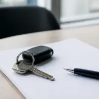 Un dossier de contrat automobile posé sur un bureau avec un stylo et des clés de voiture
