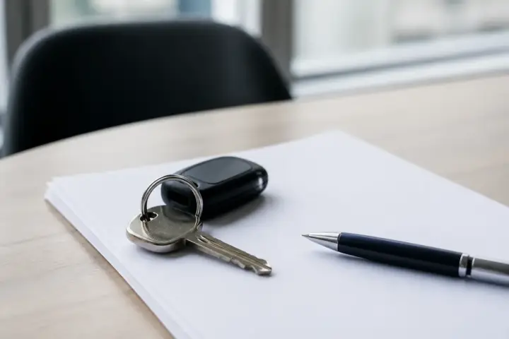 Un dossier de contrat automobile posé sur un bureau avec un stylo et des clés de voiture