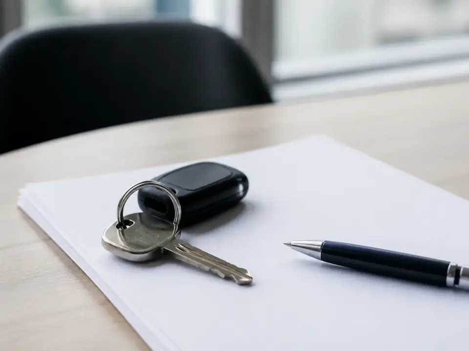 Un dossier de contrat automobile posé sur un bureau avec un stylo et des clés de voiture