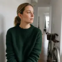 Portrait de Léa Fresnais, cheveux blonds foncés attachés, pull vert sapin, devant un vélo flou