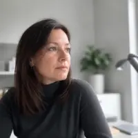 Portrait de Maëlle Soulard, cheveux bruns mi-longs, col roulé gris, dans un bureau clair