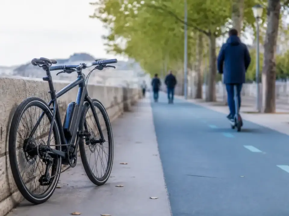 Piste cyclable en ville, vélo posé contre un muret, trottinette électrique à l’arrière-plan
