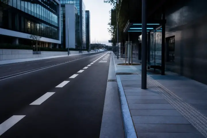 Une voie de bus signalée au sol, avec une ligne large et une chaussée dégagée