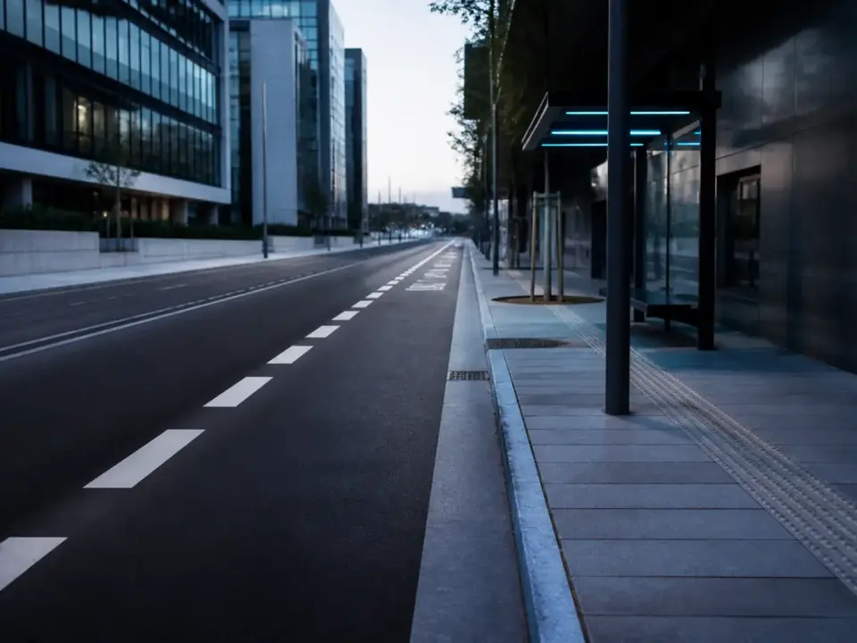 Une voie de bus signalée au sol, avec une ligne large et une chaussée dégagée