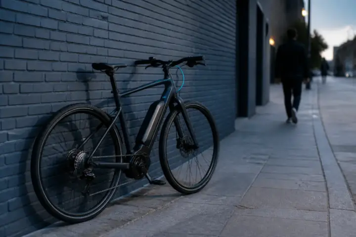 Vélo à assistance électrique garé devant un immeuble urbain en fin de journée