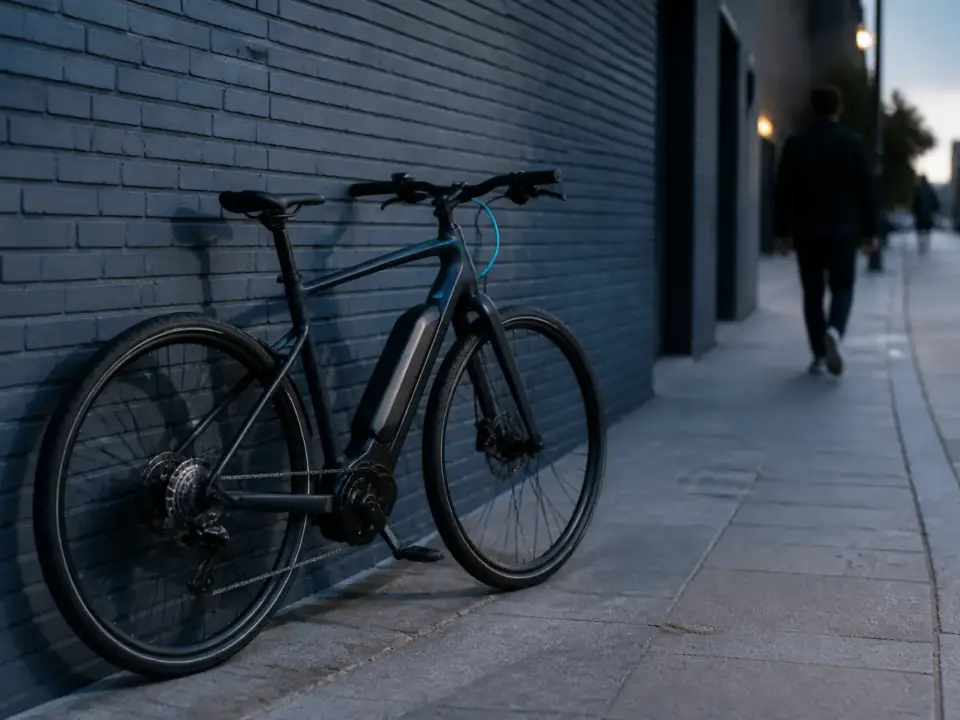Vélo à assistance électrique garé devant un immeuble urbain en fin de journée