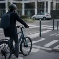 Cycliste en ville sur un vélo électrique, sur une piste cyclable
