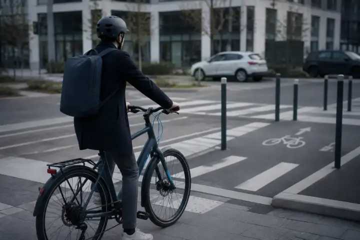 Cycliste en ville sur un vélo électrique, sur une piste cyclable