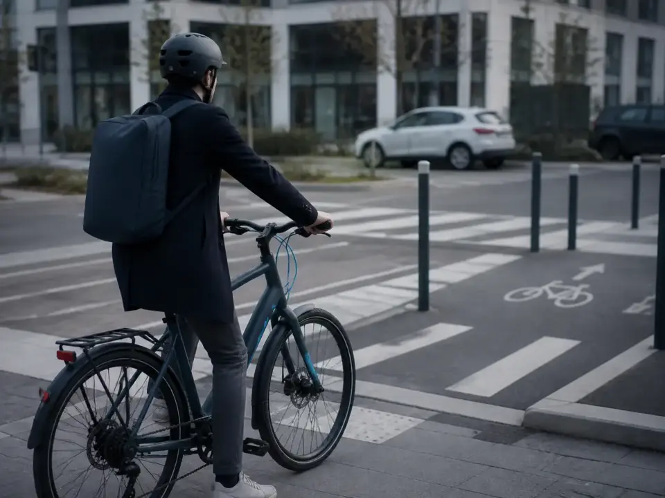 Cycliste en ville sur un vélo électrique, sur une piste cyclable