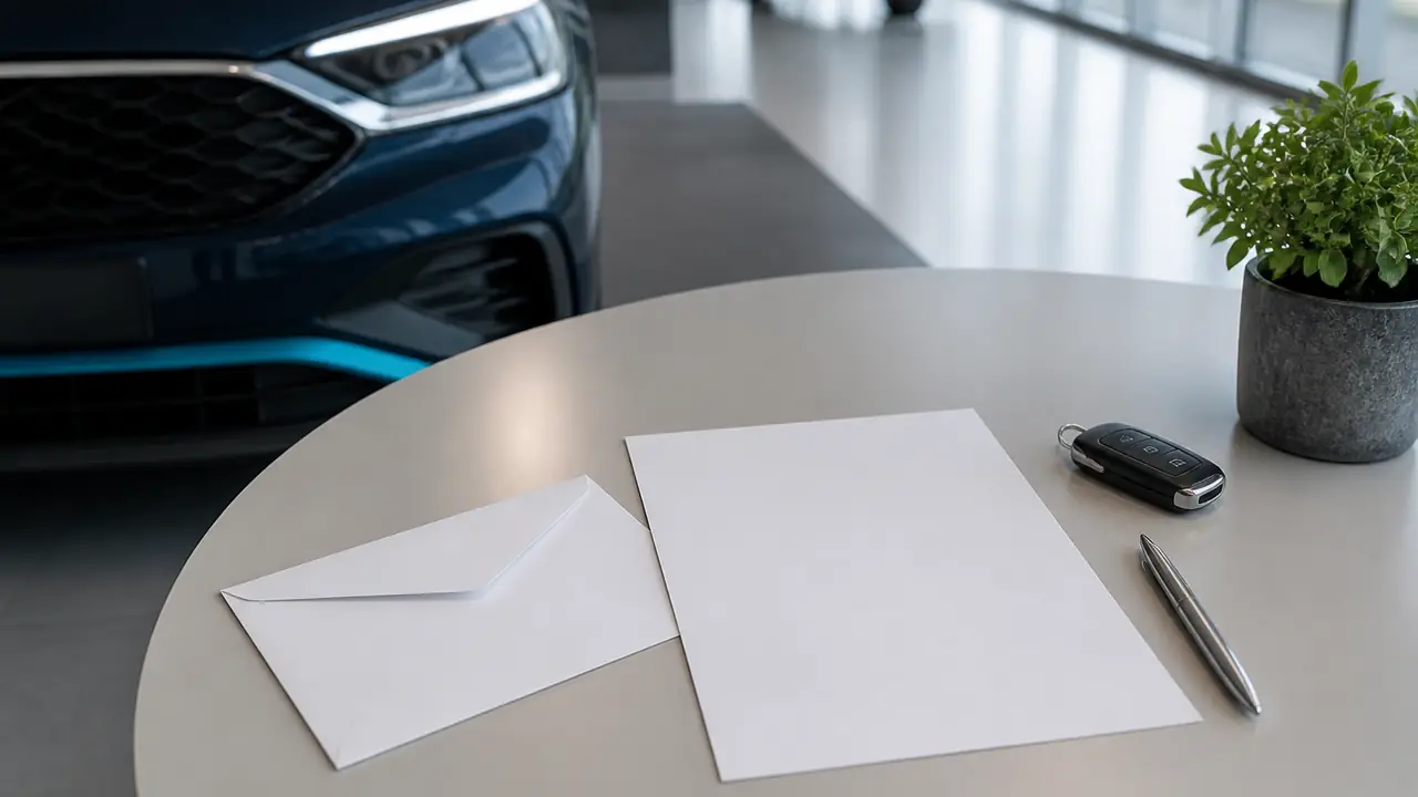 Papier à lettres, enveloppe, stylo et clé de voiture posés sur une table claire