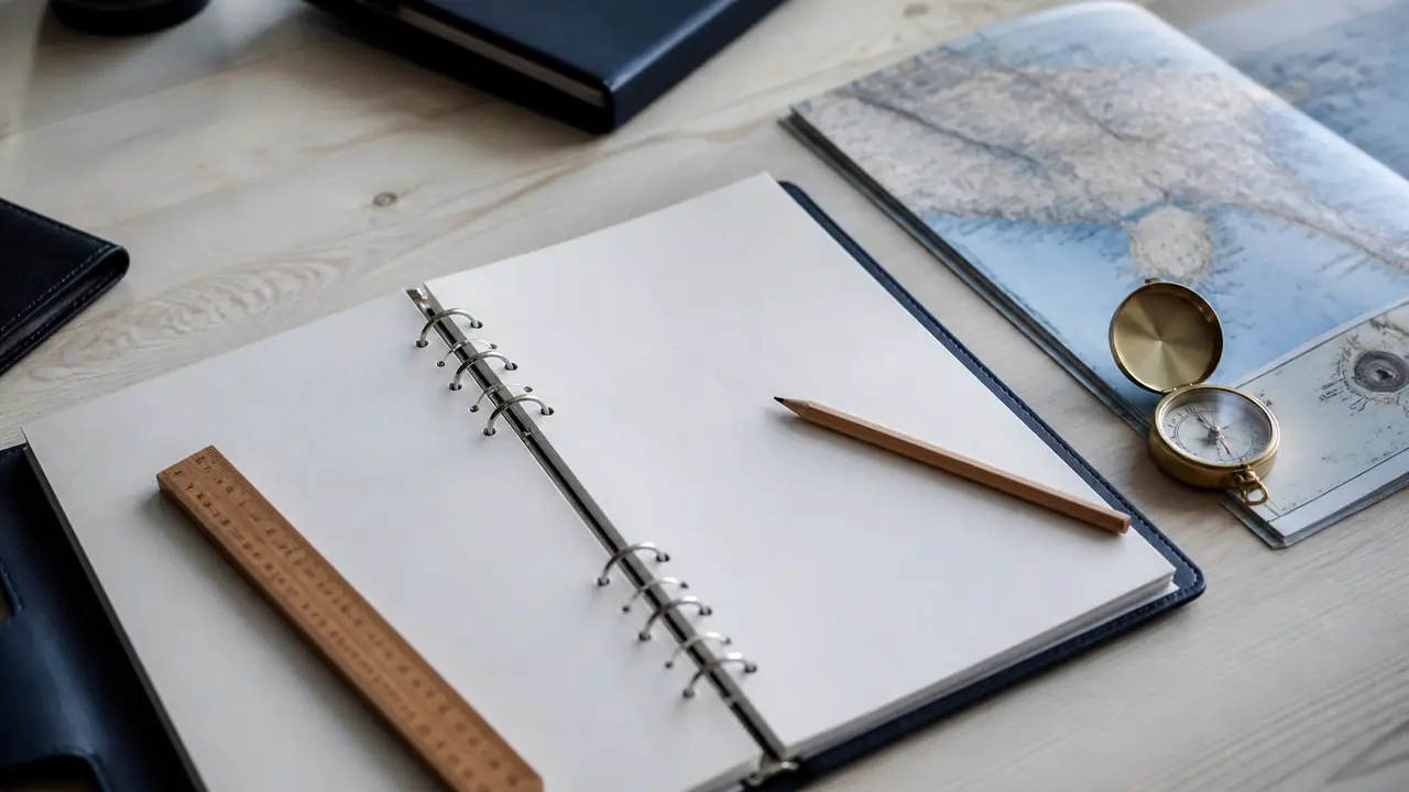 Classeur de feuilles, règle, crayon, carte routière pliée et boussole sur une table claire