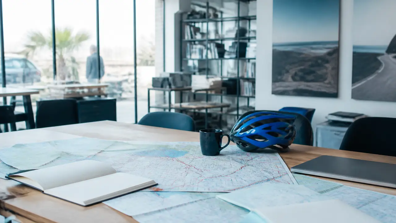 Table de travail avec des cartes routières dépliées, des carnets, un casque de vélo et une tasse