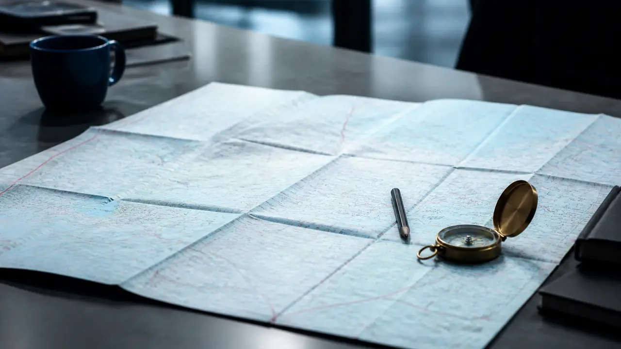 Carte routière dépliée avec une boussole en laiton et un crayon