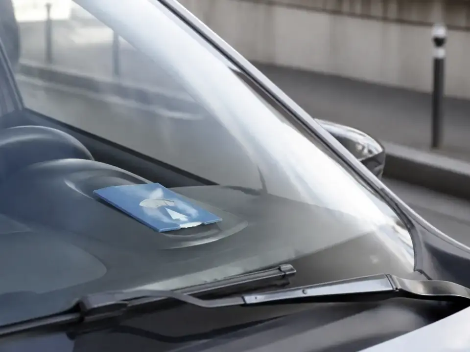 Disque de stationnement bleu posé sur le tableau de bord d’une voiture garée en zone bleue