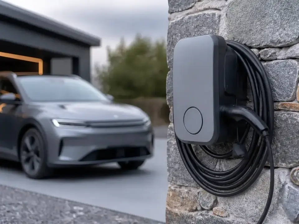 Borne de recharge murale et câble noir enroulé, devant une voiture grise en retrait