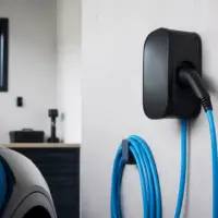 Voiture électrique branchée sur une borne de recharge dans un garage