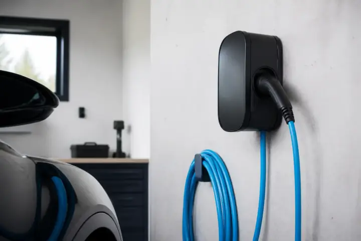 Voiture électrique branchée sur une borne de recharge dans un garage