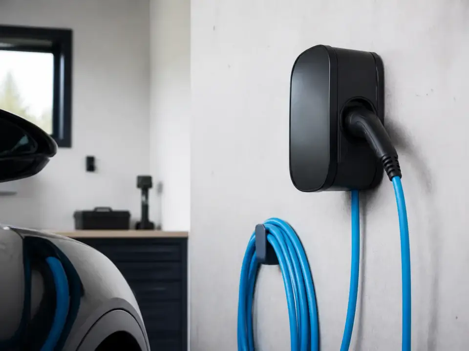 Voiture électrique branchée sur une borne de recharge dans un garage