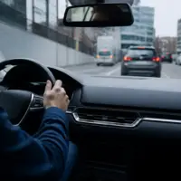 Vue rapprochée d’un tableau de bord de voiture en conduite urbaine