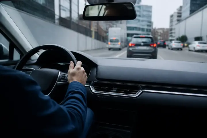 Vue rapprochée d’un tableau de bord de voiture en conduite urbaine