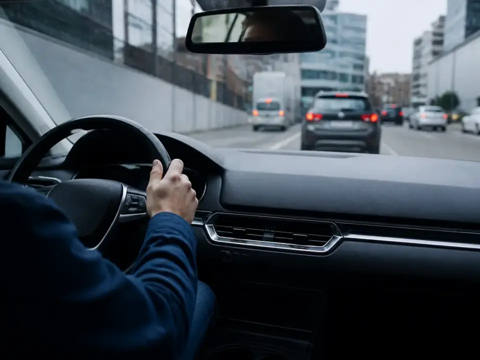 Vue rapprochée d’un tableau de bord de voiture en conduite urbaine