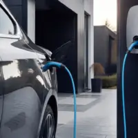 Prise de recharge branchée sur une voiture hybride garée devant une maison