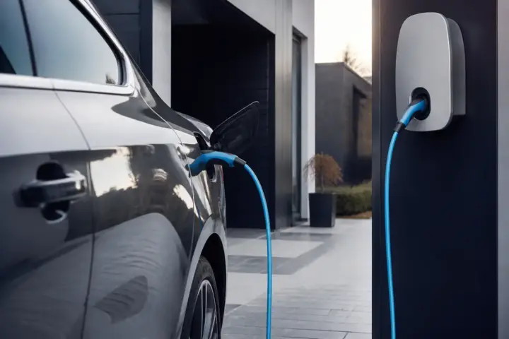 Prise de recharge branchée sur une voiture hybride garée devant une maison