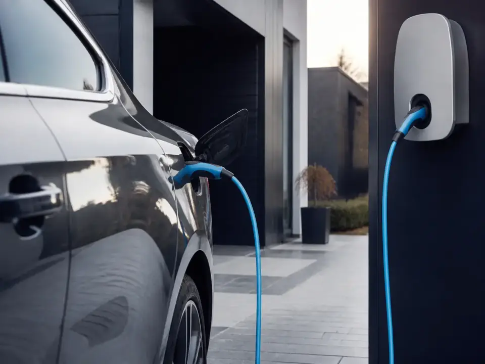 Prise de recharge branchée sur une voiture hybride garée devant une maison