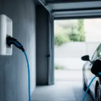 Prise de recharge murale renforcée reliée à un véhicule électrique dans un garage