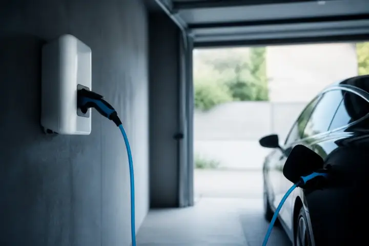 Prise de recharge murale renforcée reliée à un véhicule électrique dans un garage