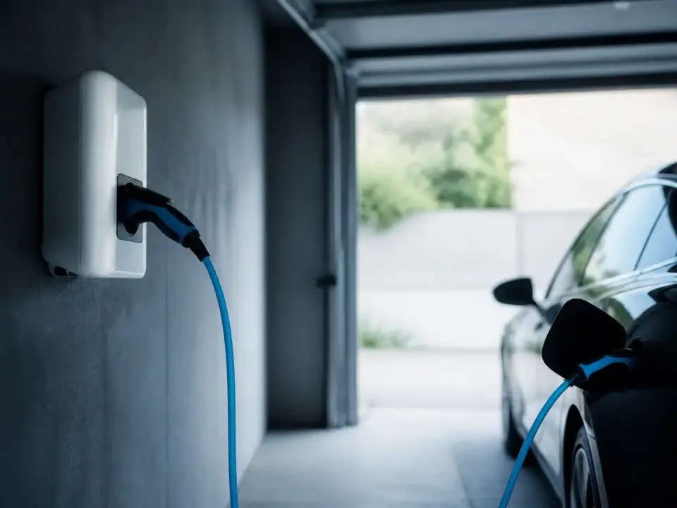 Prise de recharge murale renforcée reliée à un véhicule électrique dans un garage
